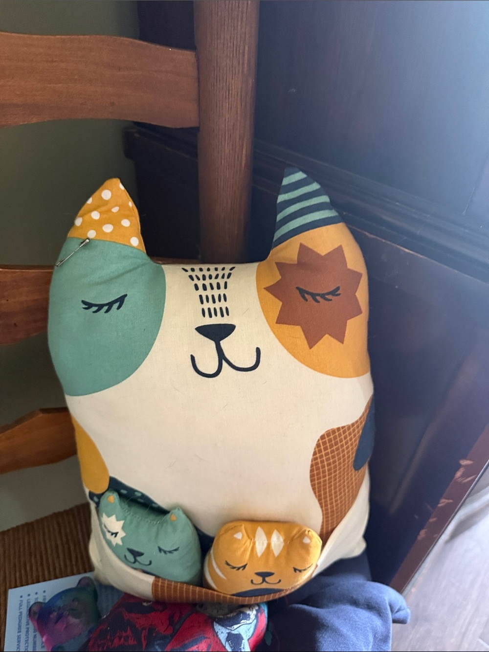 Cute Cat Accent Pillow in Teal and Mustard by